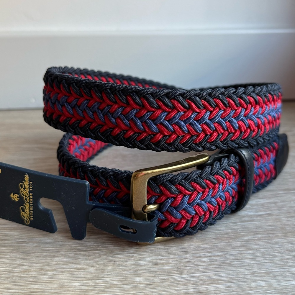 Large Red and Navy Braided Stretch Belt with Vintage Brass Buckle